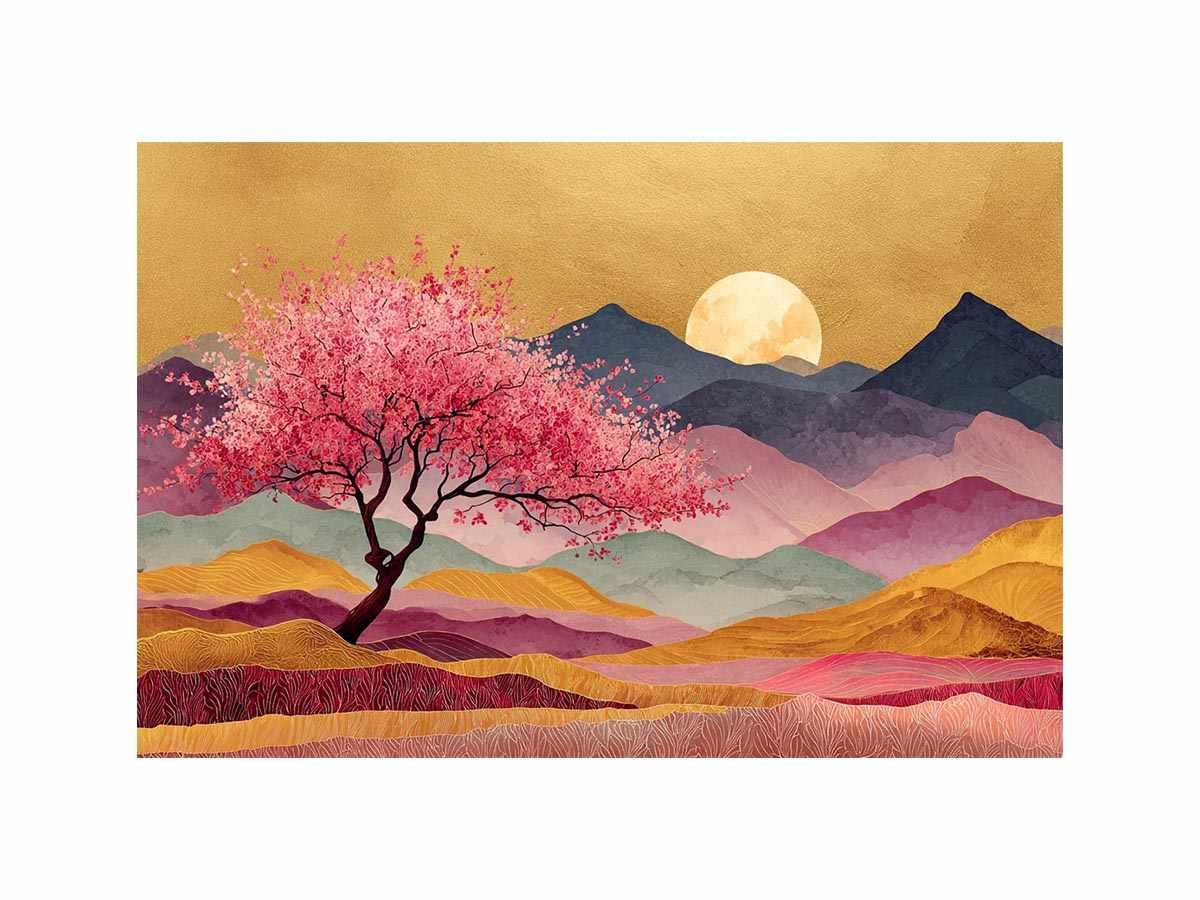 Pink blossom tree artwork with moonlit mountains for statement wall decor