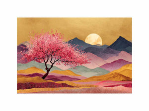 Pink blossom tree artwork with moonlit mountains for statement wall decor