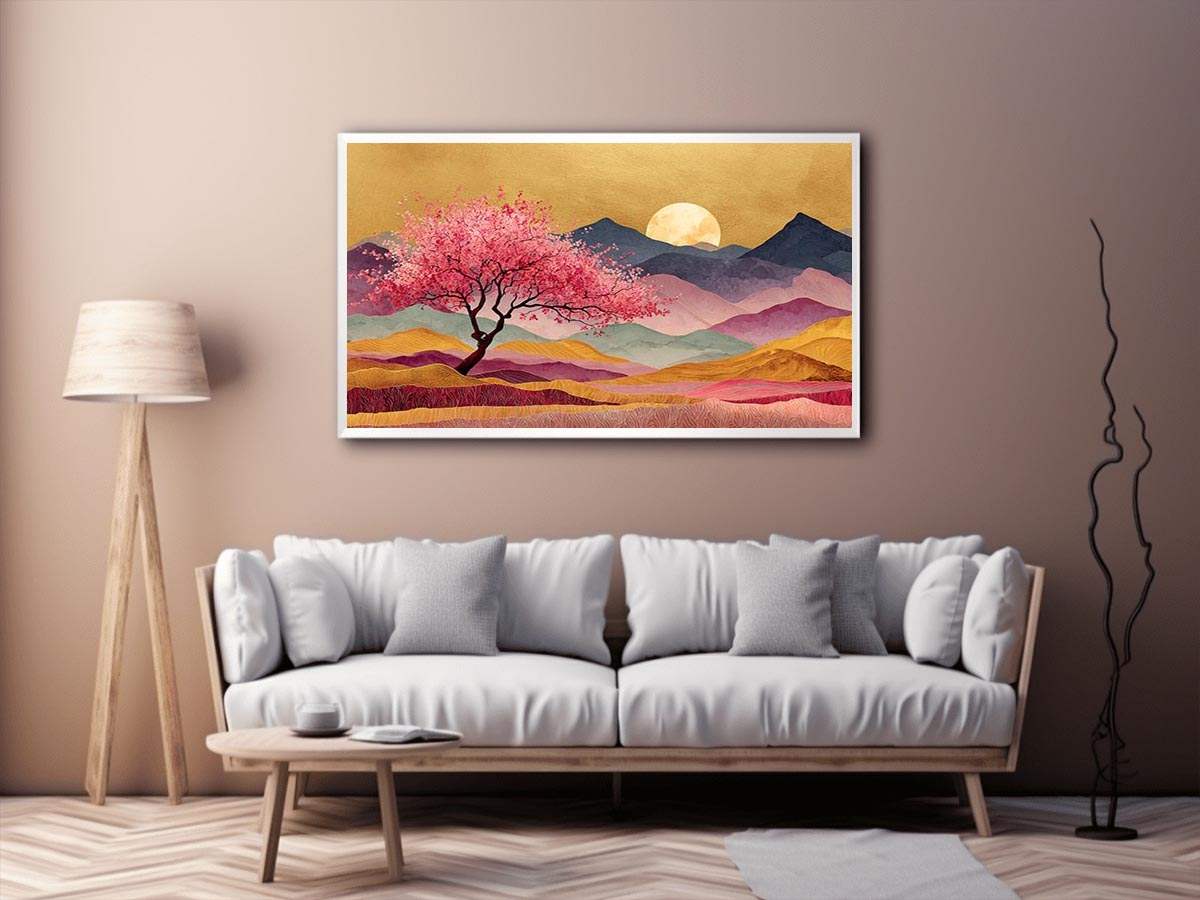 Pink blossom tree artwork with moonlit mountains for statement wall decor