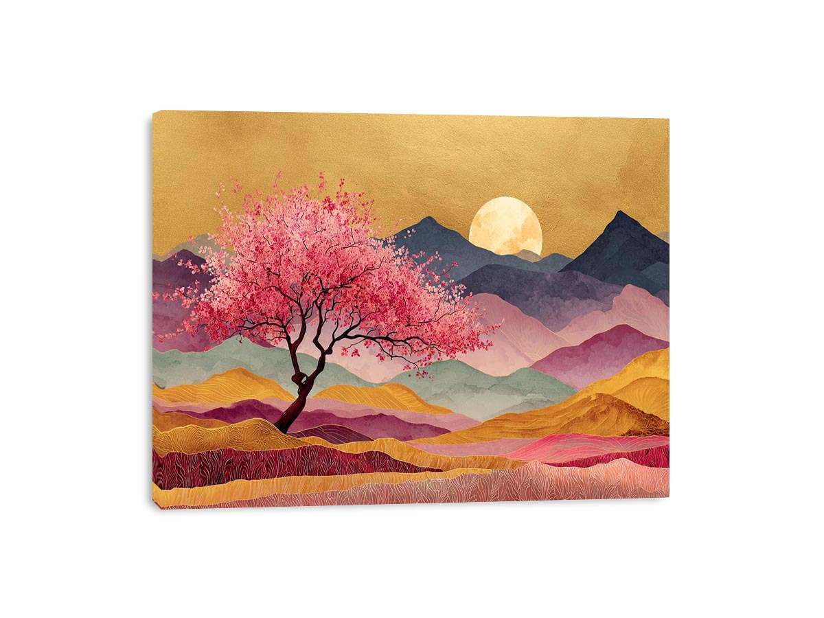 Pink blossom tree artwork with moonlit mountains for statement wall decor