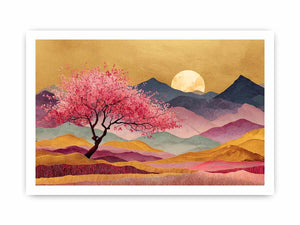 Pink blossom tree artwork with moonlit mountains for statement wall decor