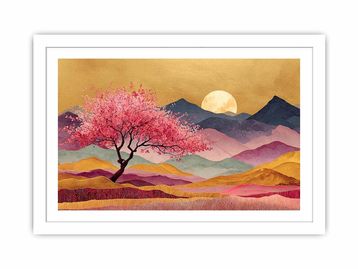Pink blossom tree artwork with moonlit mountains for statement wall decor