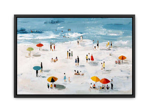 Beach scene artwork with colorful umbrellas and ocean for coastal home decor