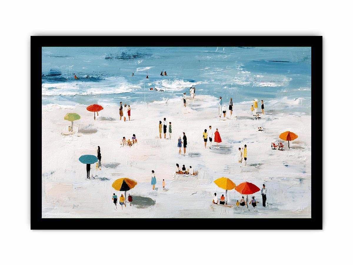 Beach scene artwork with colorful umbrellas and ocean for coastal home decor