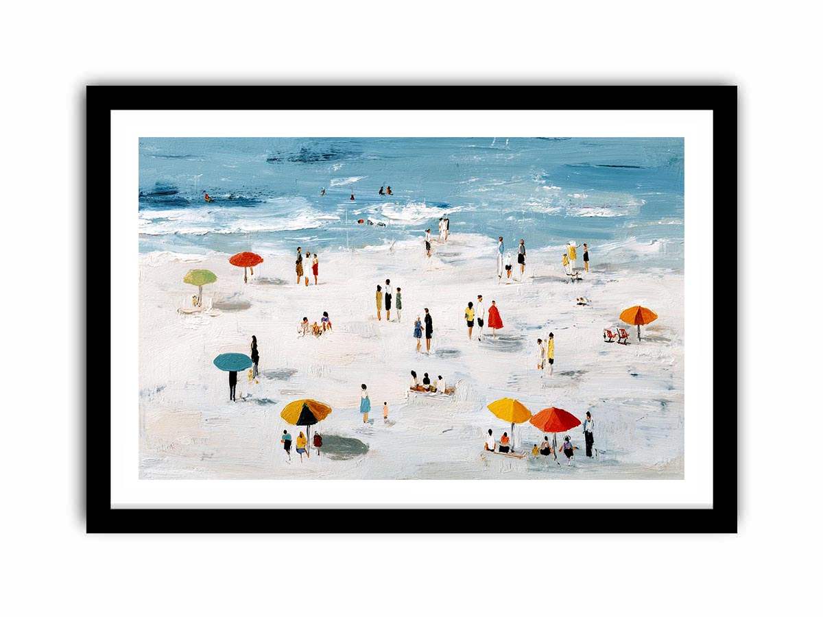 Beach scene artwork with colorful umbrellas and ocean for coastal home decor