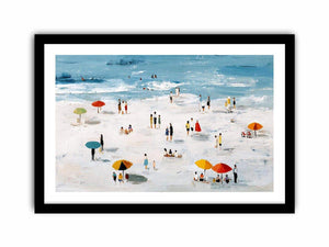 Beach scene artwork with colorful umbrellas and ocean for coastal home decor