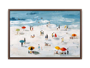 Beach scene artwork with colorful umbrellas and ocean for coastal home decor