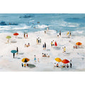 Beach scene artwork with colorful umbrellas and ocean for coastal home decor