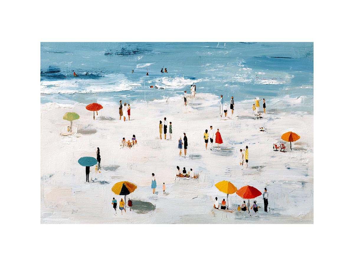 Beach scene artwork with colorful umbrellas and ocean for coastal home decor