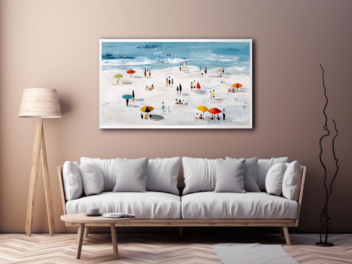 Beach scene artwork with colorful umbrellas and ocean for coastal home decor