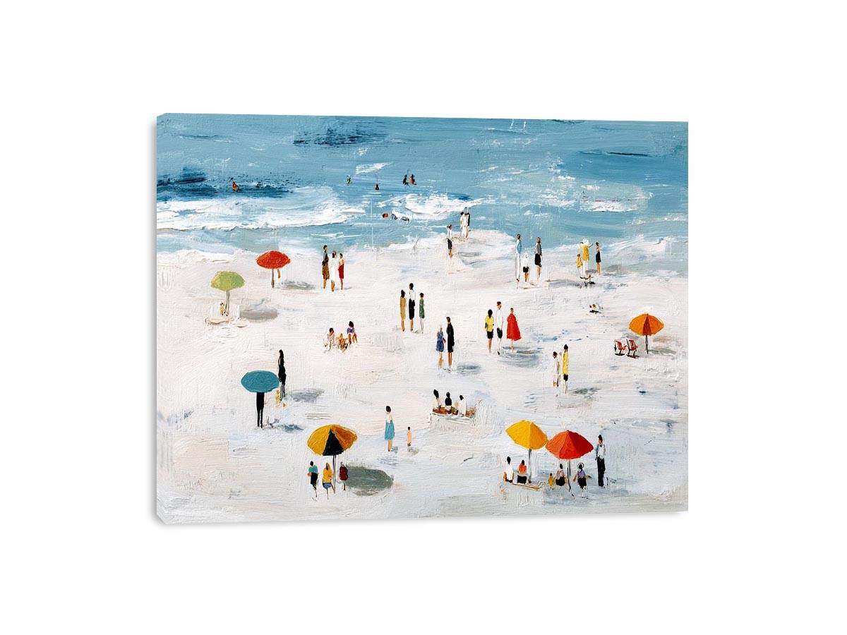 Beach scene artwork with colorful umbrellas and ocean for coastal home decor