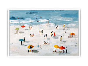 Beach scene artwork with colorful umbrellas and ocean for coastal home decor