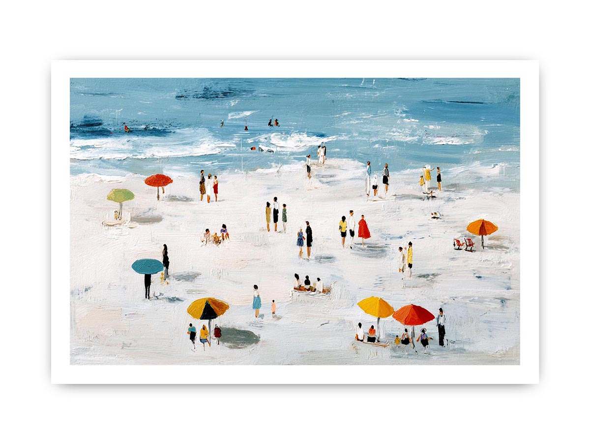 Beach scene artwork with colorful umbrellas and ocean for coastal home decor
