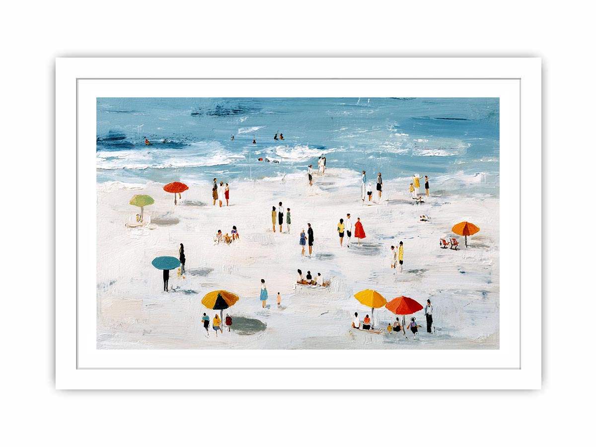 Beach scene artwork with colorful umbrellas and ocean for coastal home decor