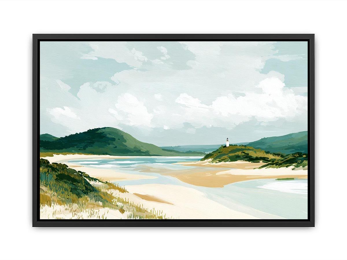 Coastal landscape painting with sandy beach, green hills, lighthouse and soft blue skies for serene living room decor.