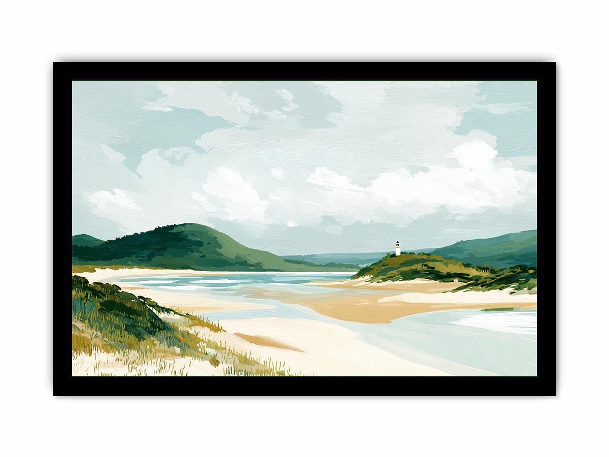 Coastal landscape painting with sandy beach, green hills, lighthouse and soft blue skies for serene living room decor.