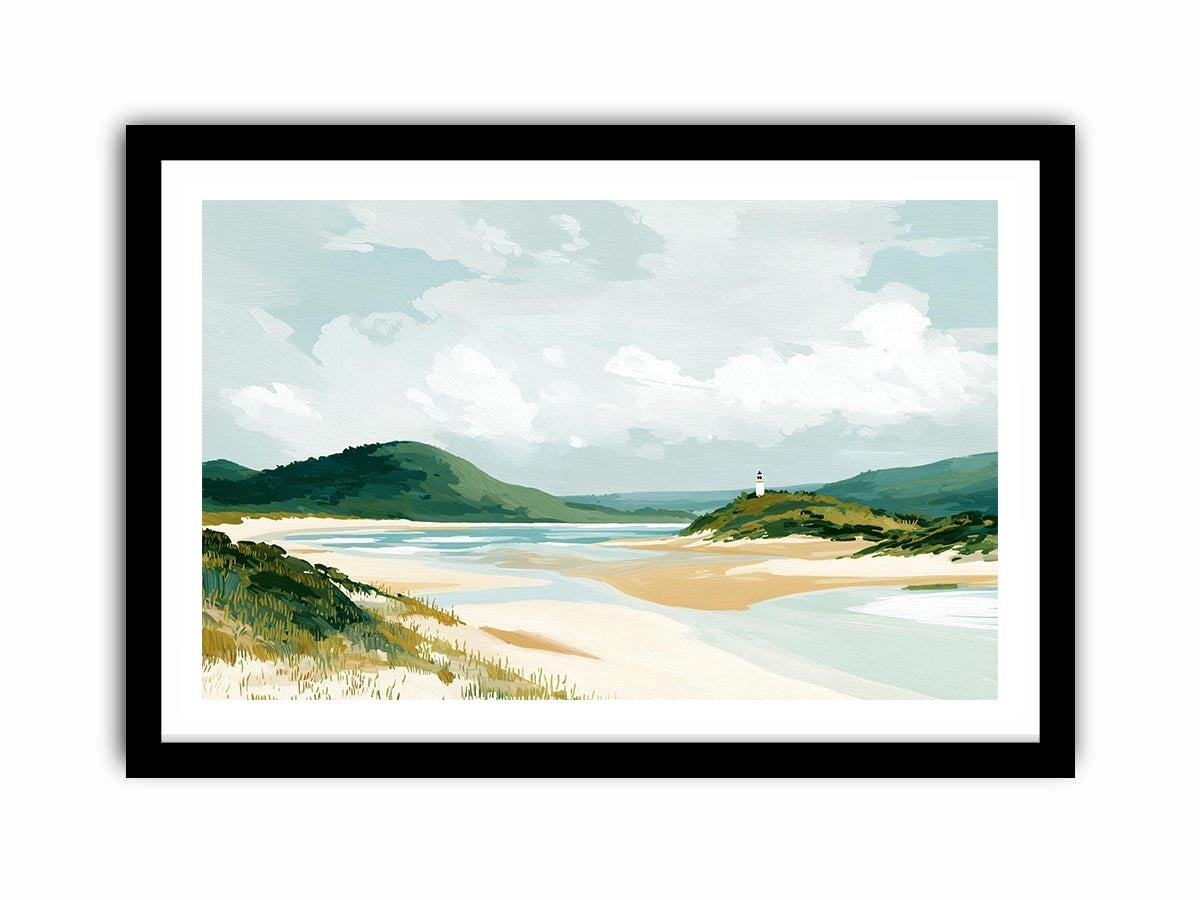 Coastal landscape painting with sandy beach, green hills, lighthouse and soft blue skies for serene living room decor.