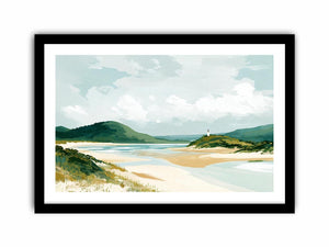 Coastal landscape painting with sandy beach, green hills, lighthouse and soft blue skies for serene living room decor.
