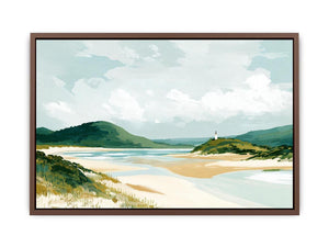 Coastal landscape painting with sandy beach, green hills, lighthouse and soft blue skies for serene living room decor.