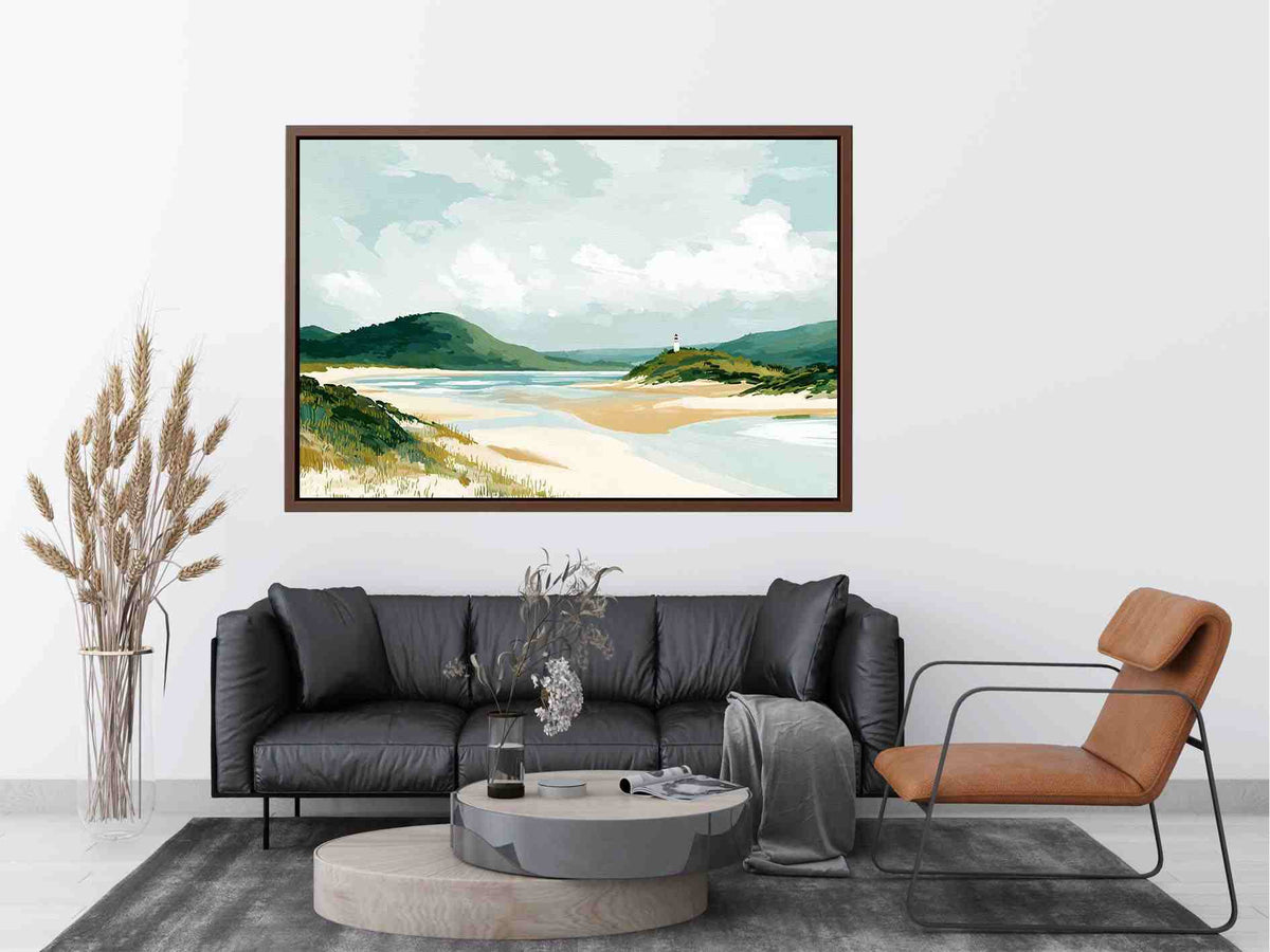 Coastal landscape painting with sandy beach, green hills, lighthouse and soft blue skies for serene living room decor.