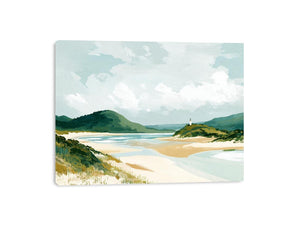Coastal landscape painting with sandy beach, green hills, lighthouse and soft blue skies for serene living room decor.