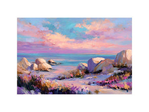 Impressionist coastal sunset painting with pink clouds, turquoise sea, rocky shoreline and wildflowers for bedroom decor.