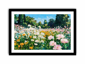Impressionist wildflower meadow painting with pink, white and yellow flowers, lush green trees and blue sky for living room decor.