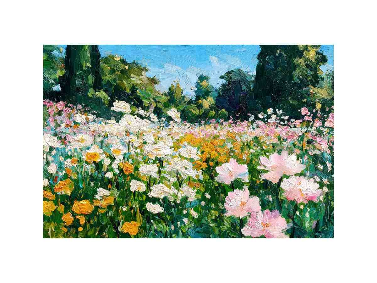 Impressionist wildflower meadow painting with pink, white and yellow flowers, lush green trees and blue sky for living room decor.