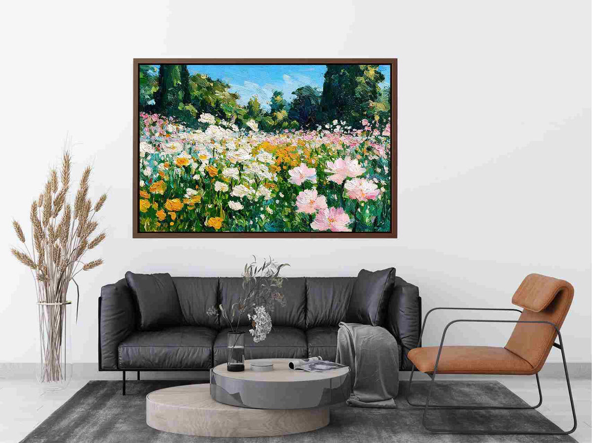 Impressionist wildflower meadow painting with pink, white and yellow flowers, lush green trees and blue sky for living room decor.