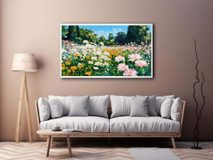 Impressionist wildflower meadow painting with pink, white and yellow flowers, lush green trees and blue sky for living room decor.