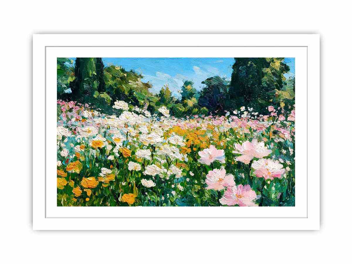 Impressionist wildflower meadow painting with pink, white and yellow flowers, lush green trees and blue sky for living room decor.