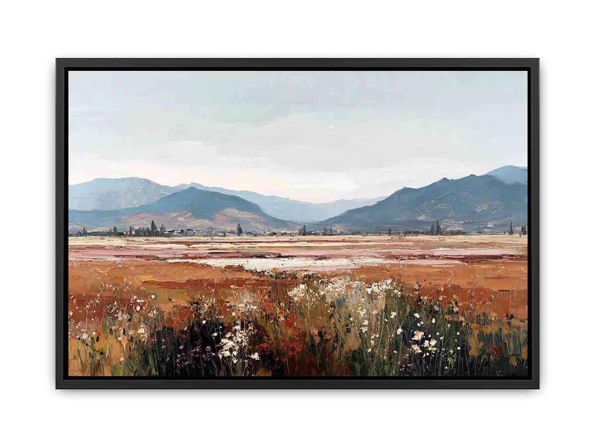Impressionist mountain meadow painting with golden grasses, white wildflowers and distant blue mountains for living room decor.