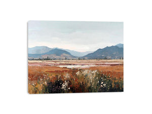 Impressionist mountain meadow painting with golden grasses, white wildflowers and distant blue mountains for living room decor.