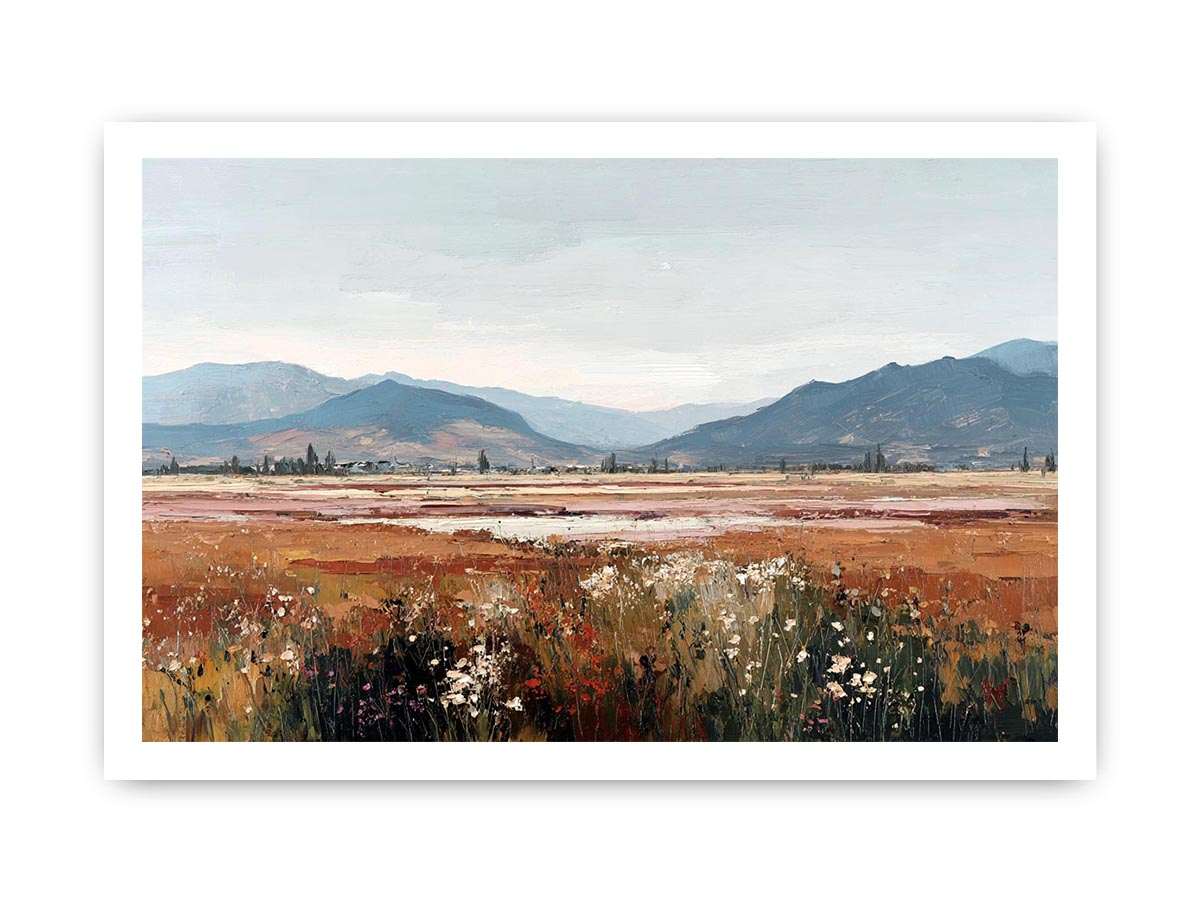 Impressionist mountain meadow painting with golden grasses, white wildflowers and distant blue mountains for living room decor.