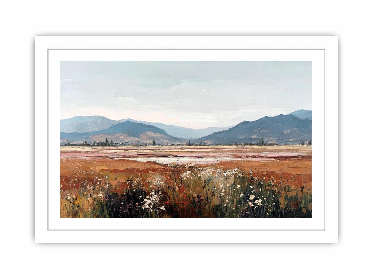 Impressionist mountain meadow painting with golden grasses, white wildflowers and distant blue mountains for living room decor.