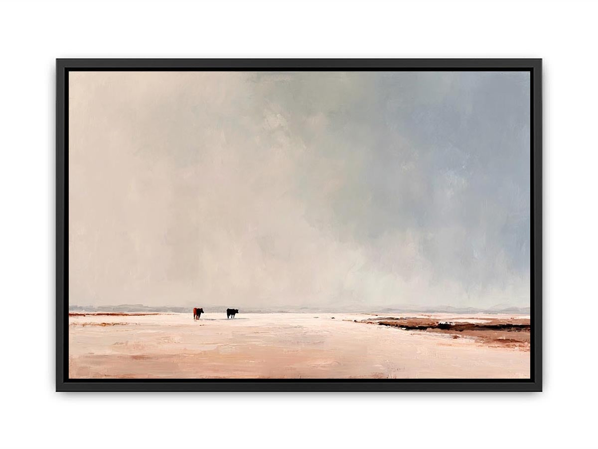 Minimalist landscape painting of two cows on pale earthy plains beneath a vast misty gray sky for modern living room decor.