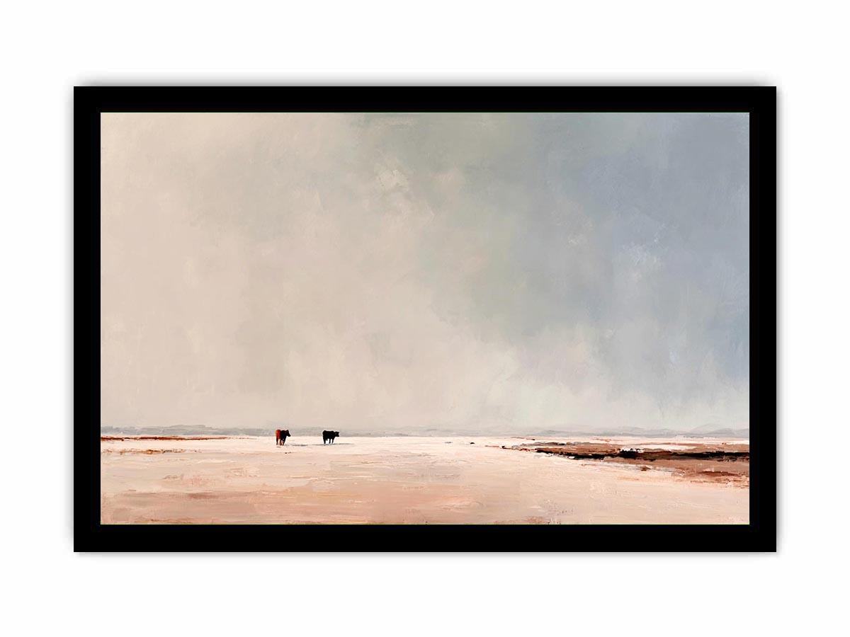 Minimalist landscape painting of two cows on pale earthy plains beneath a vast misty gray sky for modern living room decor.