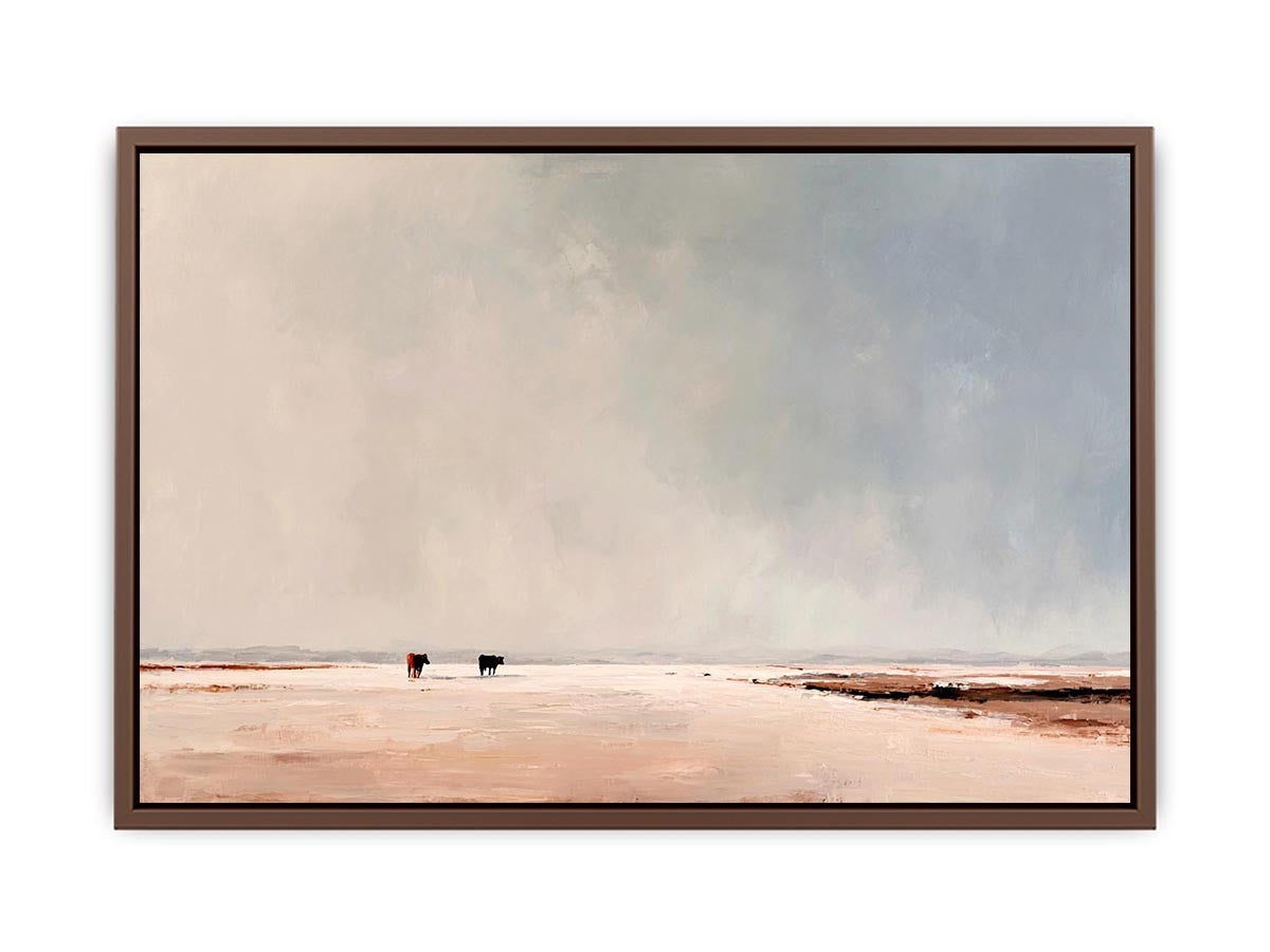 Minimalist landscape painting of two cows on pale earthy plains beneath a vast misty gray sky for modern living room decor.