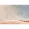 Minimalist landscape painting of two cows on pale earthy plains beneath a vast misty gray sky for modern living room decor.