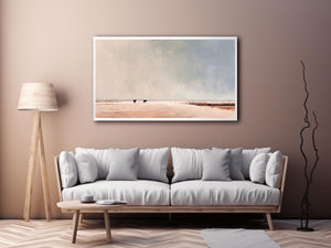 Minimalist landscape painting of two cows on pale earthy plains beneath a vast misty gray sky for modern living room decor.
