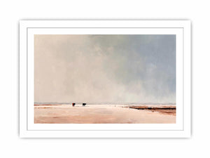 Minimalist landscape painting of two cows on pale earthy plains beneath a vast misty gray sky for modern living room decor.