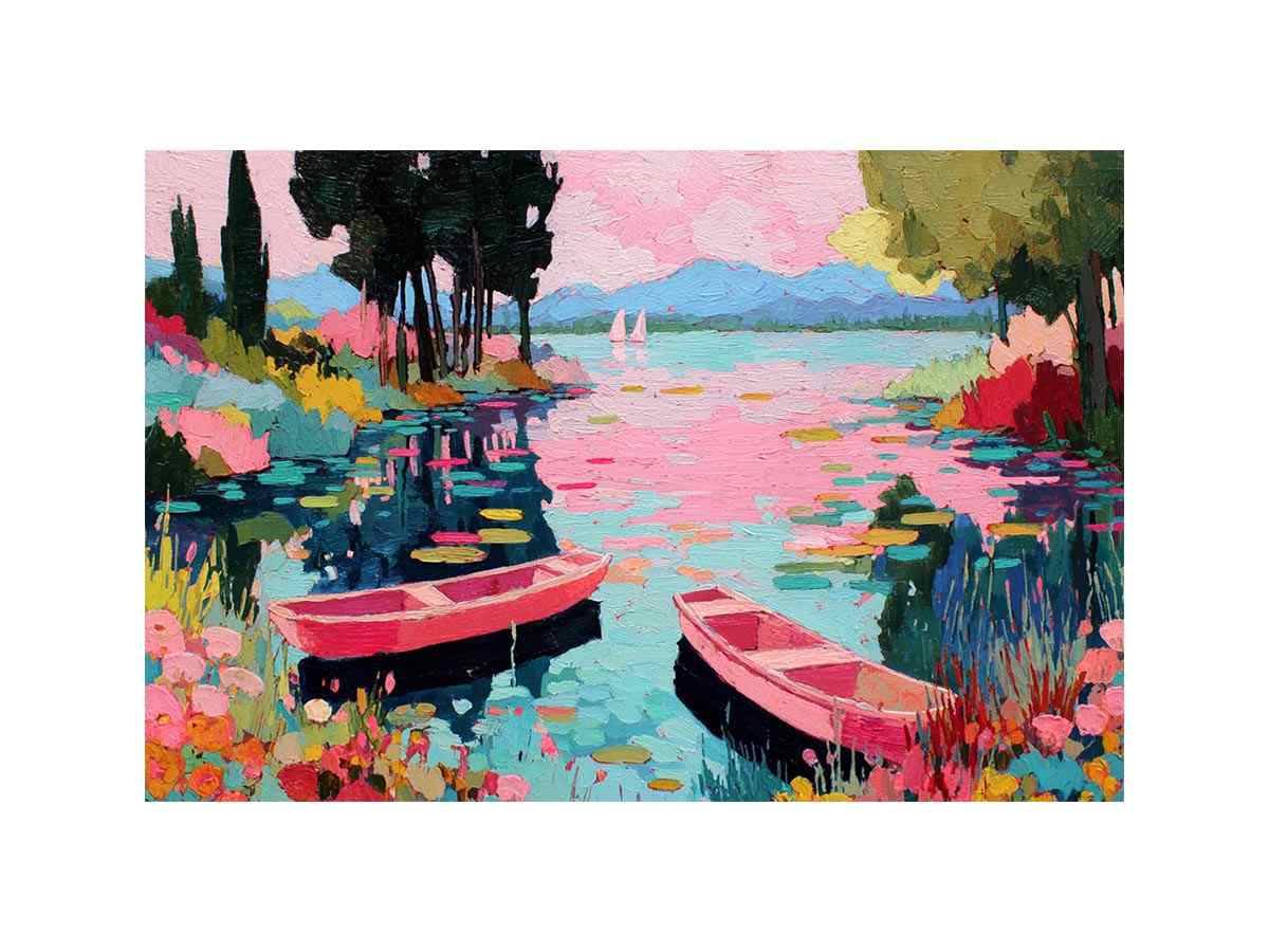 Colorful impressionist lake painting with two pink rowboats, turquoise water, flowering banks and distant mountains.