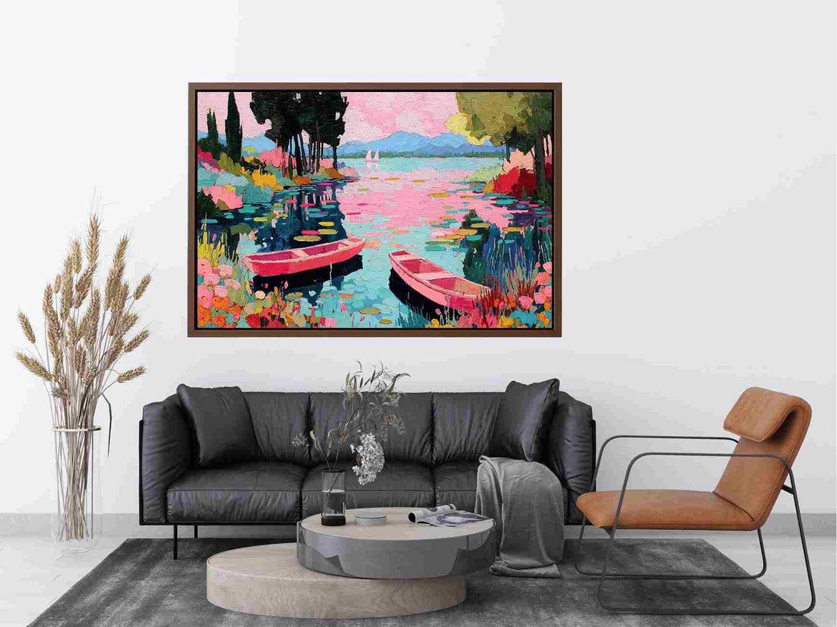 Colorful impressionist lake painting with two pink rowboats, turquoise water, flowering banks and distant mountains.