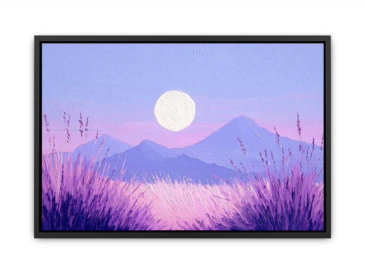 Dreamy purple mountain landscape painting with a glowing full moon, lavender grasses and pastel pink sky for bedroom decor.