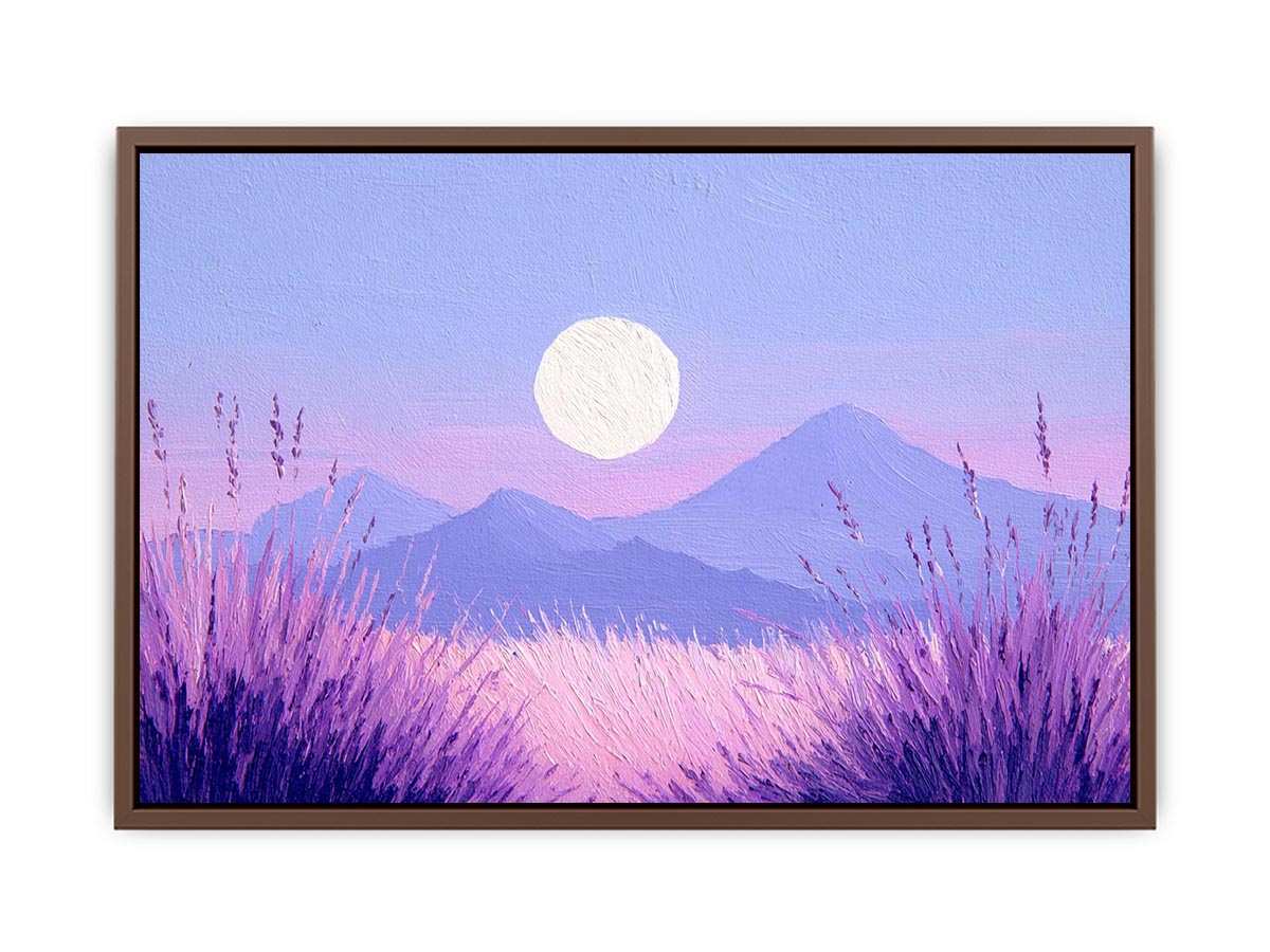 Dreamy purple mountain landscape painting with a glowing full moon, lavender grasses and pastel pink sky for bedroom decor.