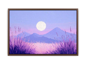 Dreamy purple mountain landscape painting with a glowing full moon, lavender grasses and pastel pink sky for bedroom decor.