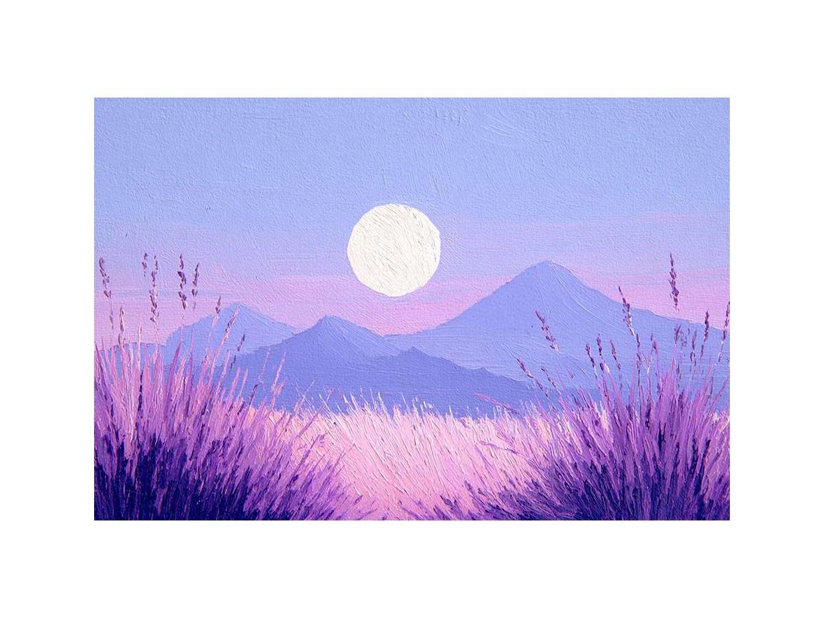 Dreamy purple mountain landscape painting with a glowing full moon, lavender grasses and pastel pink sky for bedroom decor.
