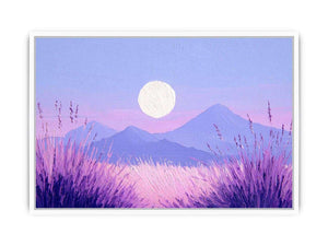 Dreamy purple mountain landscape painting with a glowing full moon, lavender grasses and pastel pink sky for bedroom decor.