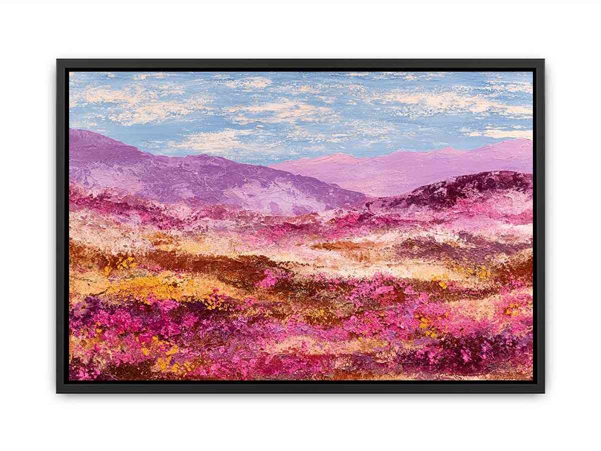 Impressionist pink mountain landscape with magenta wildflowers, golden meadows and lavender peaks for modern living room decor.