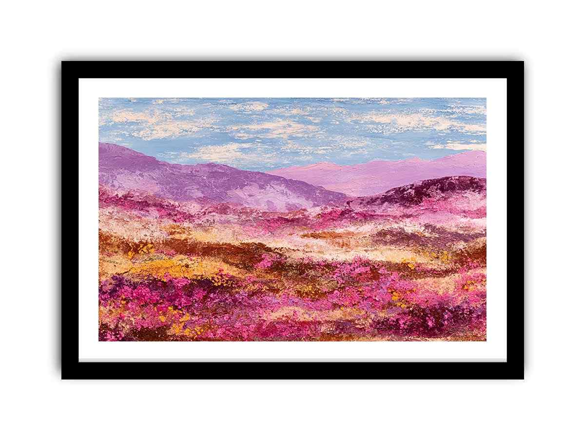 Impressionist pink mountain landscape with magenta wildflowers, golden meadows and lavender peaks for modern living room decor.